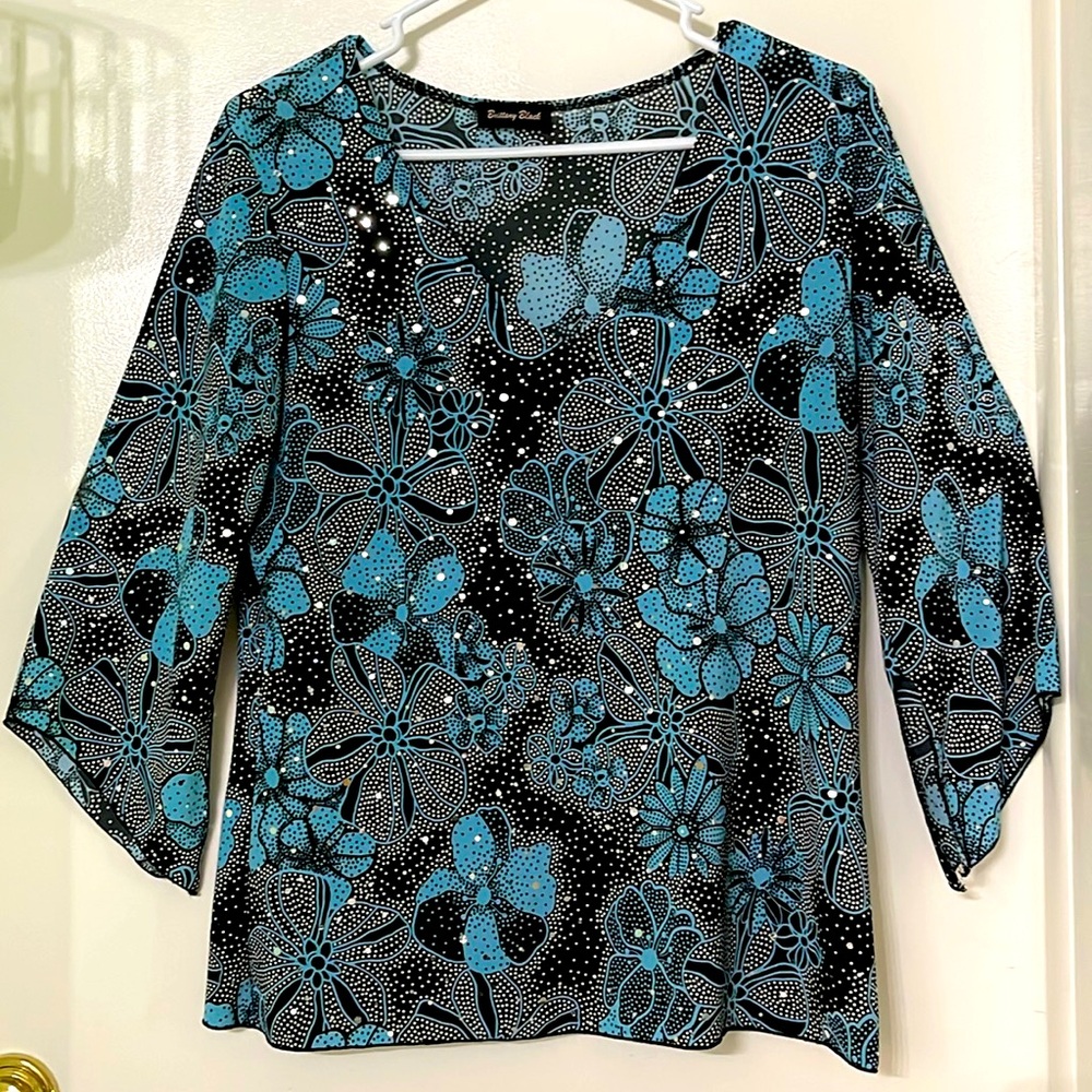 BRITTANY BLACK SEQUIN EMBELLISHED TOP XL BUTTERFLY-SLIT SLEEVE BLACK TURQUOISE